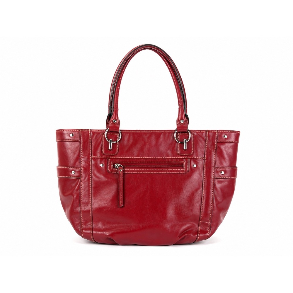 Emilie M Red Faux Leather Tote Bag Leopard Print Lining Silver Hardware Handbag